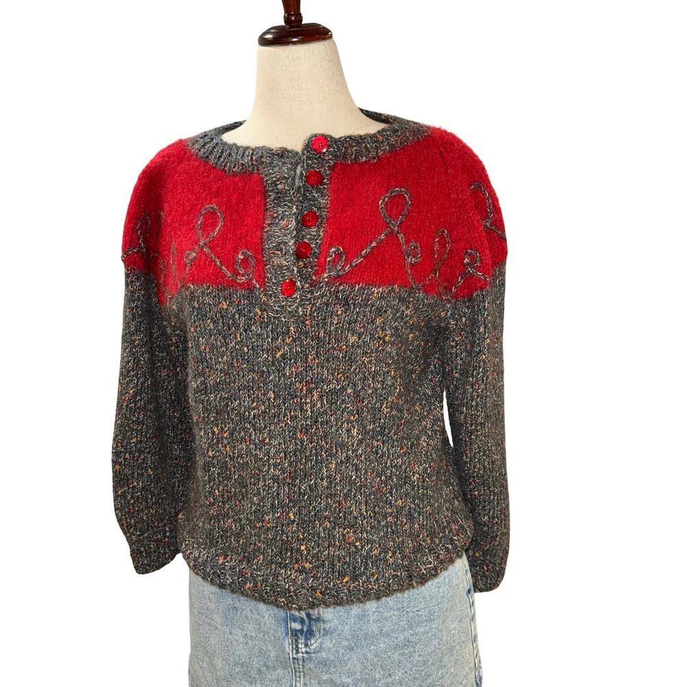 Vintage 80s‎ Oversized Fuzzy Mohair Blend Gray & Red Twee Sweater
